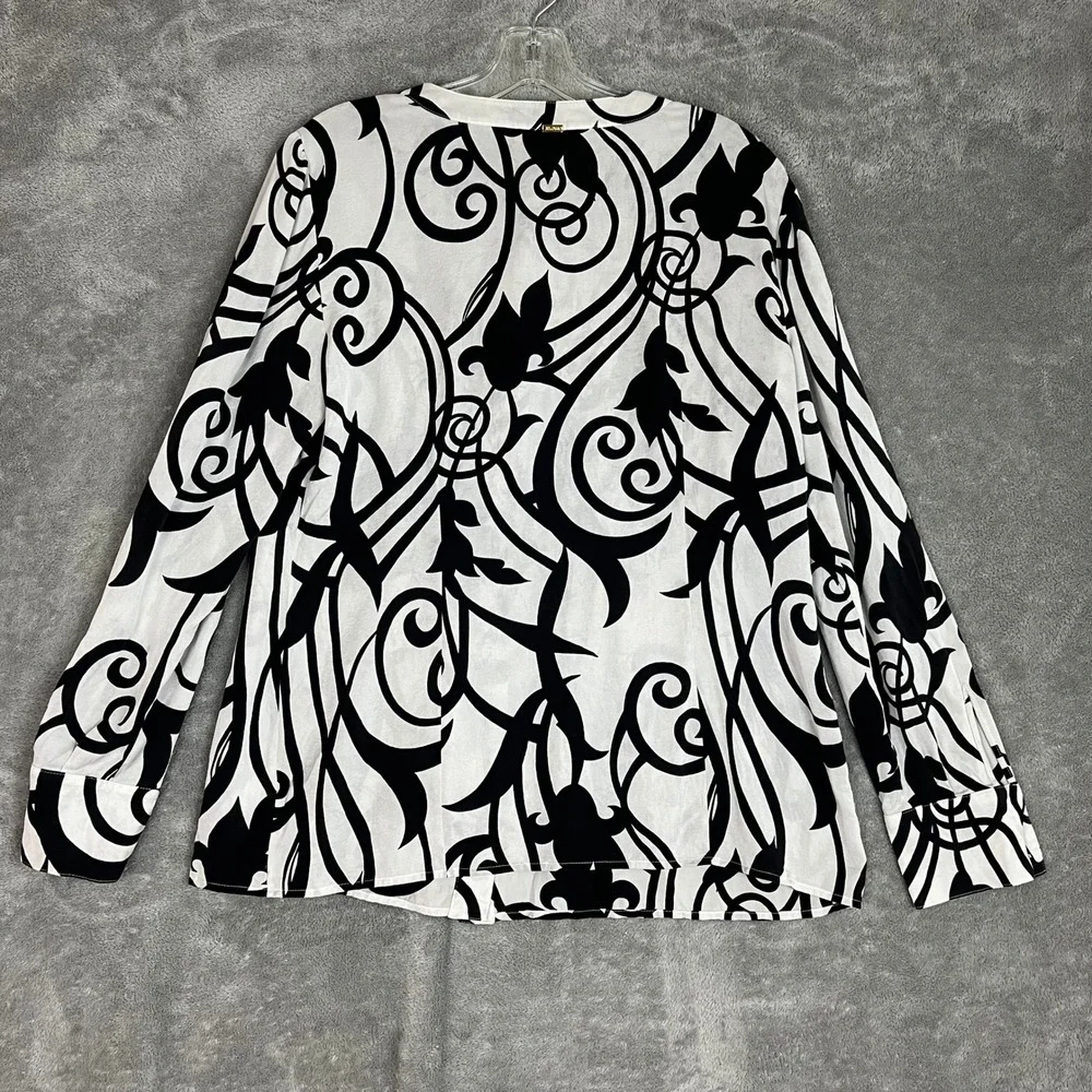 St John Blouse Womens 8 Black White Abstract Pleated Long Sleeve Career